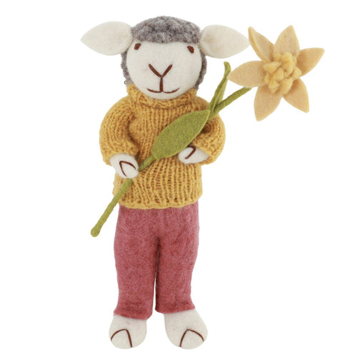 Big Grey Sheep With Lavender Dusty Red Pants & Narcissus Flower